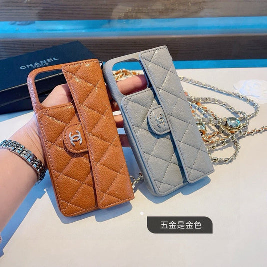 Chanel Style Quilted Leather Flip Card Holder Phone Case With Gold Chain Crossbody Strap - The Luxe Case