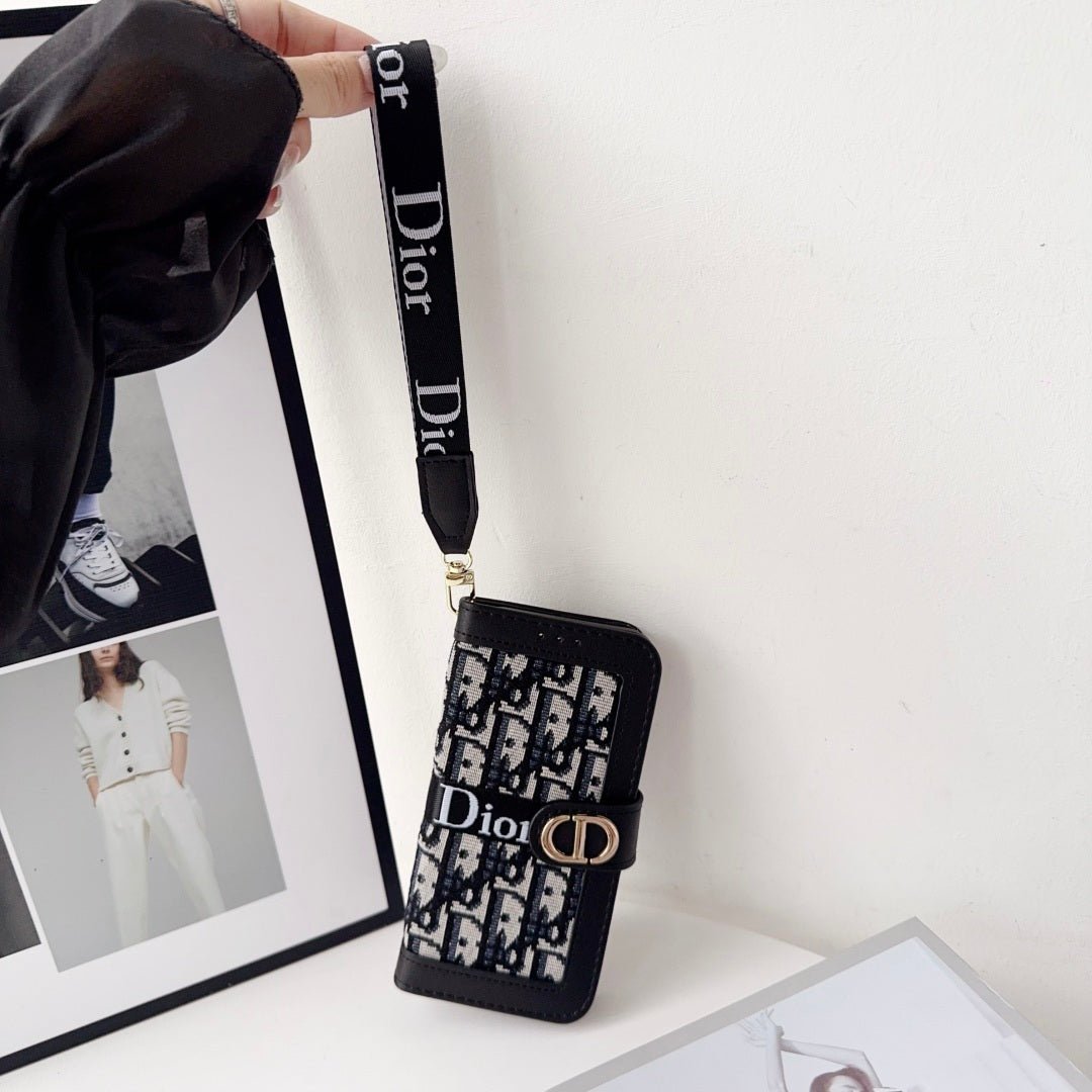 Dior Oblique Monogram Flip Wallet Phone Case With Brand Wrist Strap - The Luxe Case
