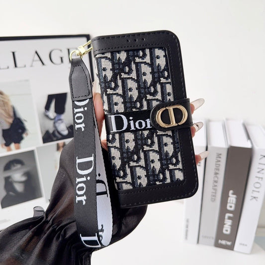 Dior Oblique Monogram Flip Wallet Phone Case With Brand Wrist Strap - The Luxe Case