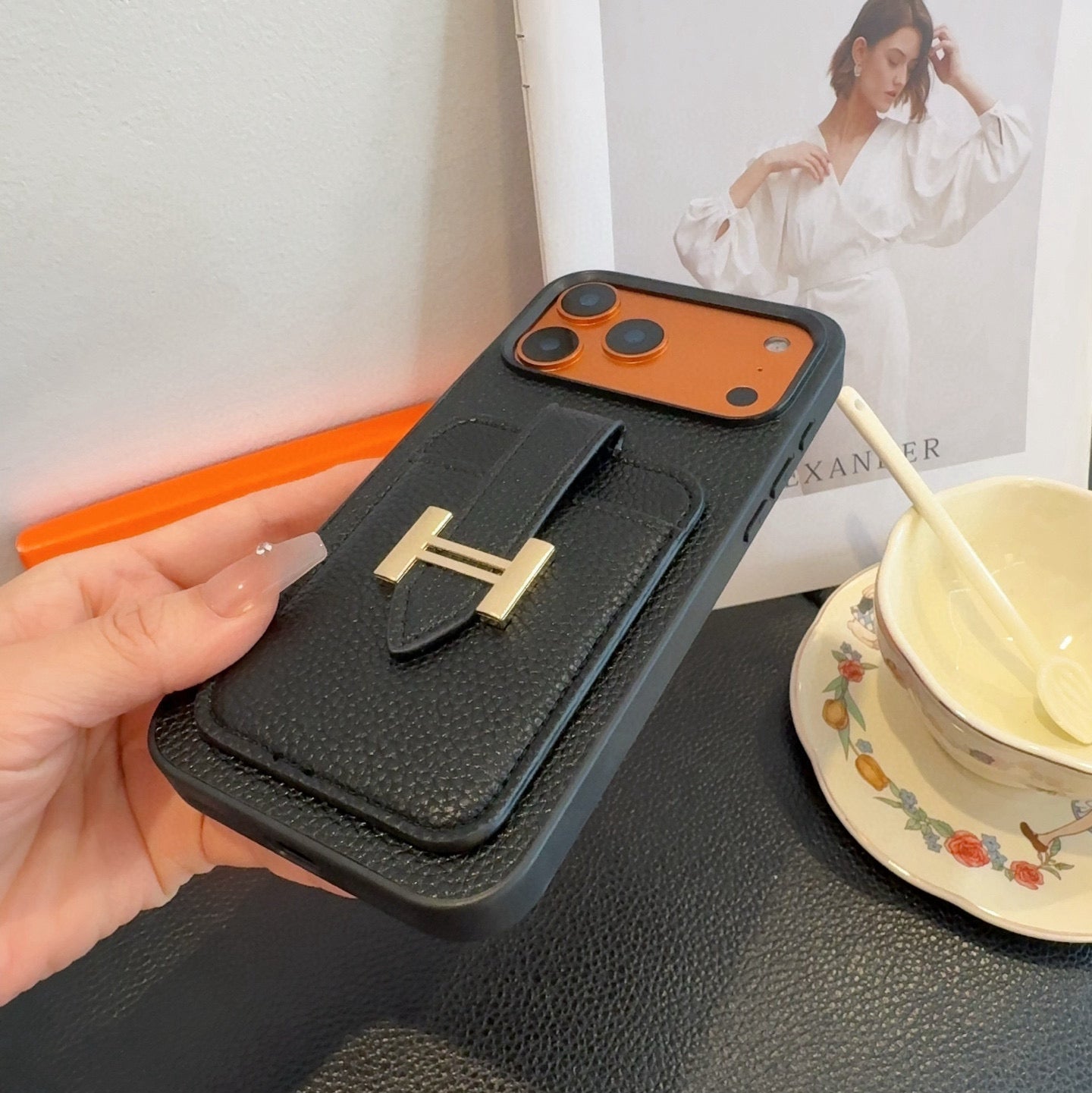 Hermès-Style Leather Card Holder Phone Case with H Buckle & Shockproof Bumper - The Luxe Case