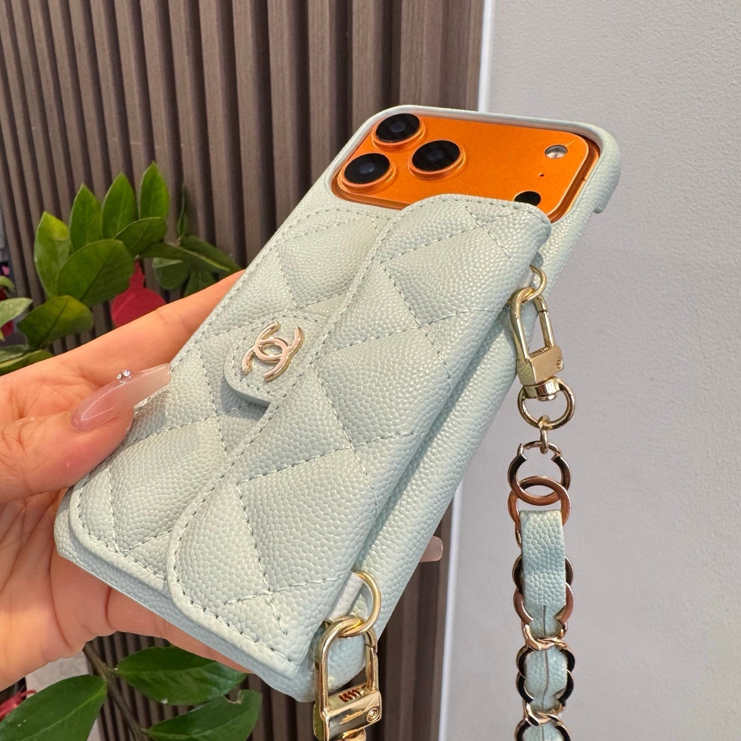 Light Blue Chanel Style Quilted Caviar Leather Card Slot Chain Strap Luxury Phone Case - The Luxe Case