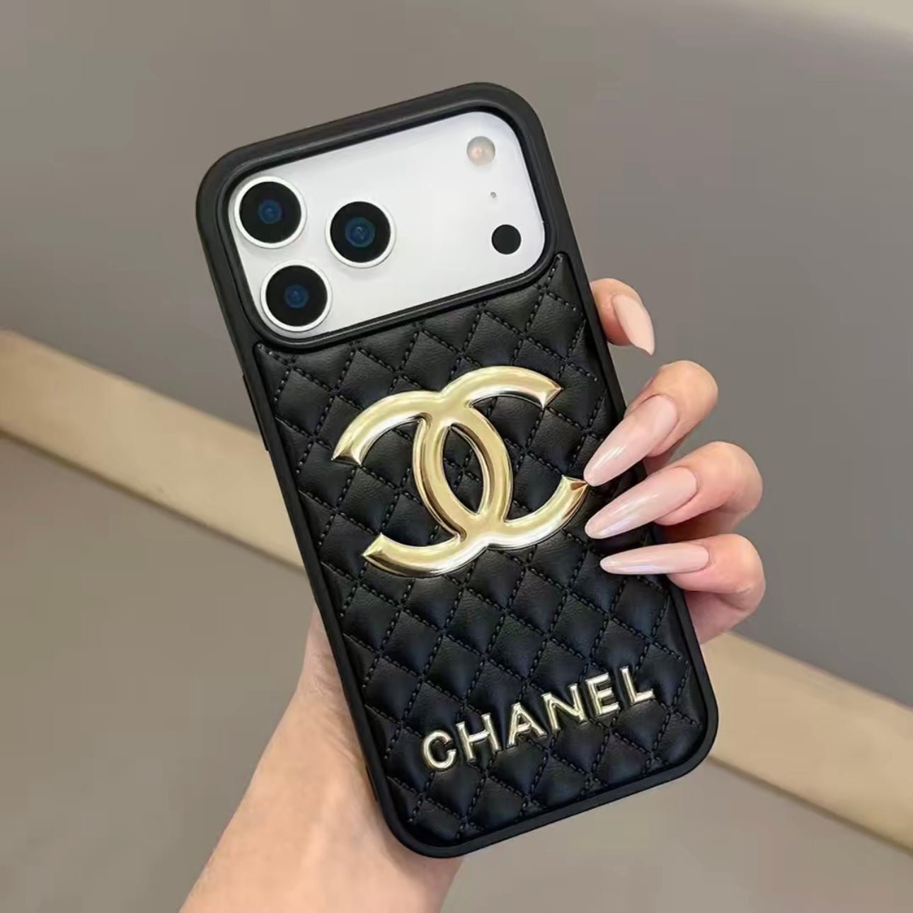 Chanel Classic Quilted Leather 3D Gold Logo Luxury Phone Case - The Luxe Case
