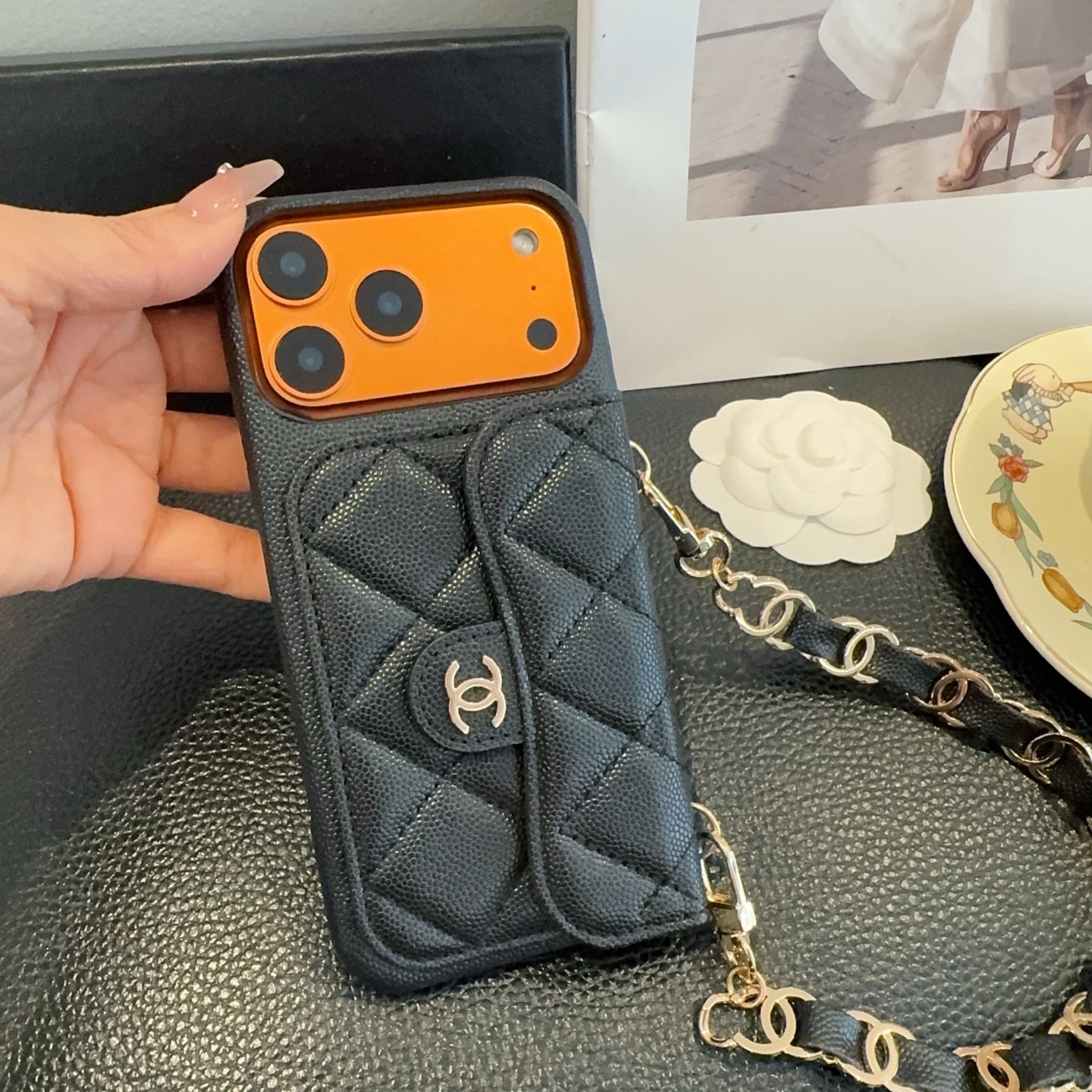 Chanel Quilted Caviar Leather Card Holder Chain Strap Luxury Phone Case - The Luxe Case