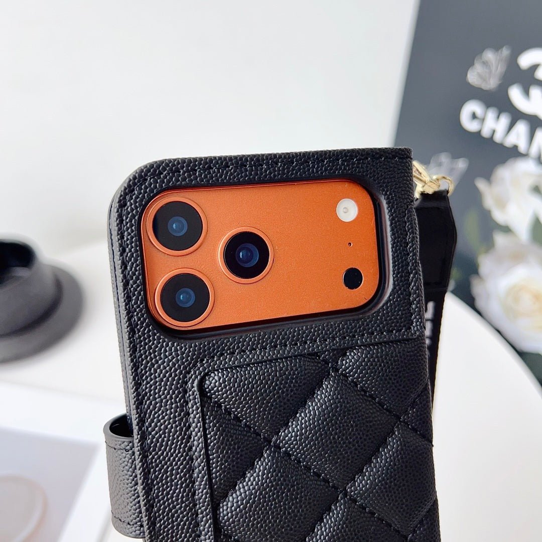 Chanel Style Diamond Quilted Leather Flip Wallet Phone Case with Wrist Strap - The Luxe Case