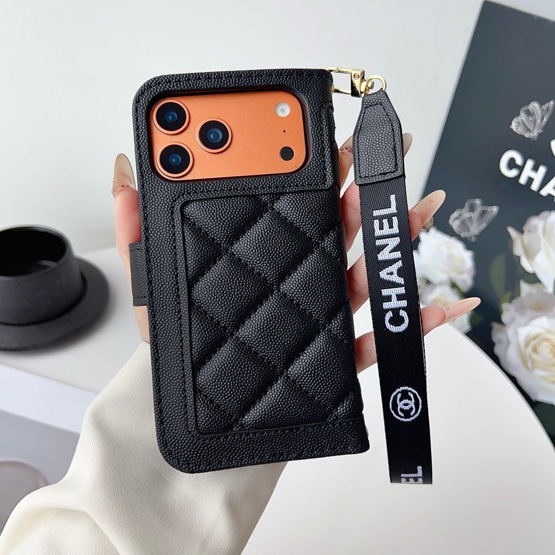 Chanel Style Diamond Quilted Leather Flip Wallet Phone Case with Wrist Strap - The Luxe Case