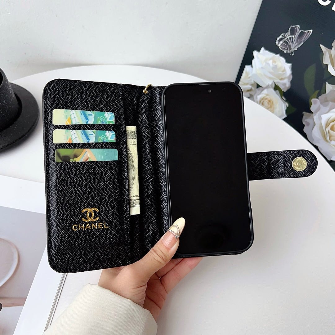 Chanel Style Diamond Quilted Leather Flip Wallet Phone Case with Wrist Strap - The Luxe Case