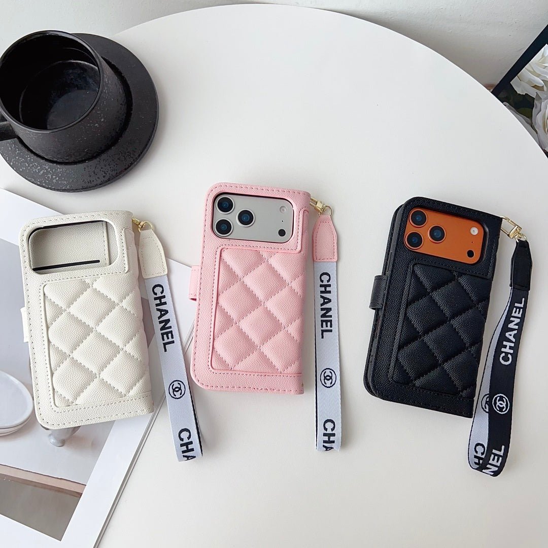 Chanel Style Diamond Quilted Leather Flip Wallet Phone Case with Wrist Strap - The Luxe Case