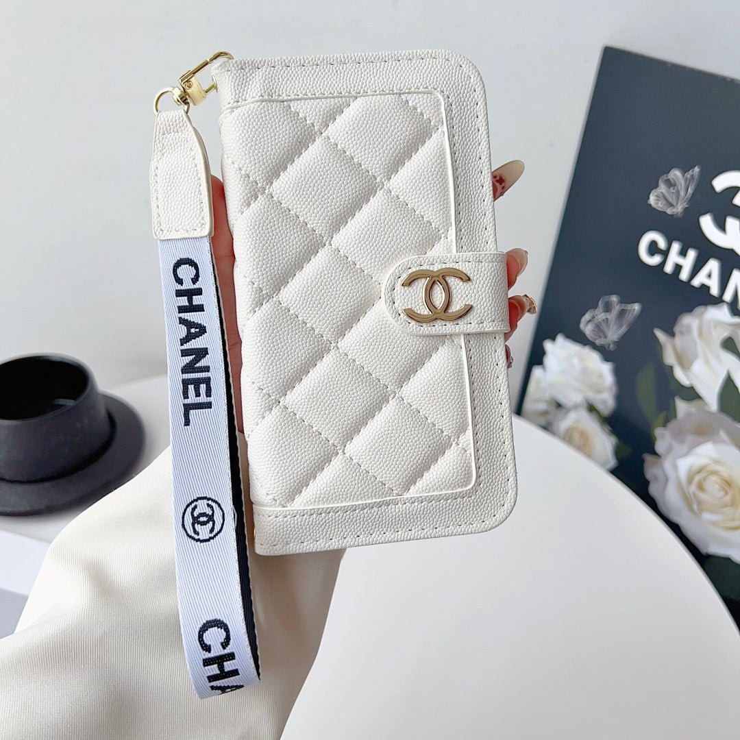 Chanel Style Diamond Quilted Leather Flip Wallet Phone Case with Wrist Strap - The Luxe Case