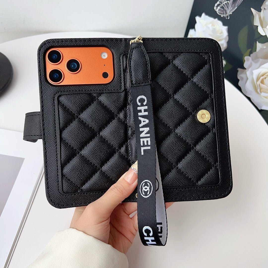 Chanel Style Diamond Quilted Leather Flip Wallet Phone Case with Wrist Strap - The Luxe Case