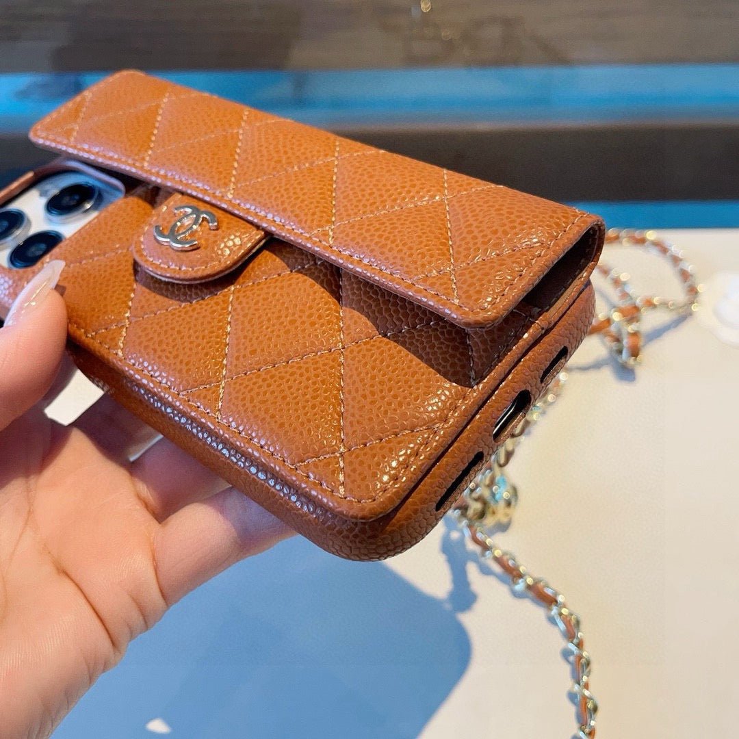 Chanel Style Quilted Leather Flip Card Holder Phone Case With Gold Chain Crossbody Strap - The Luxe Case