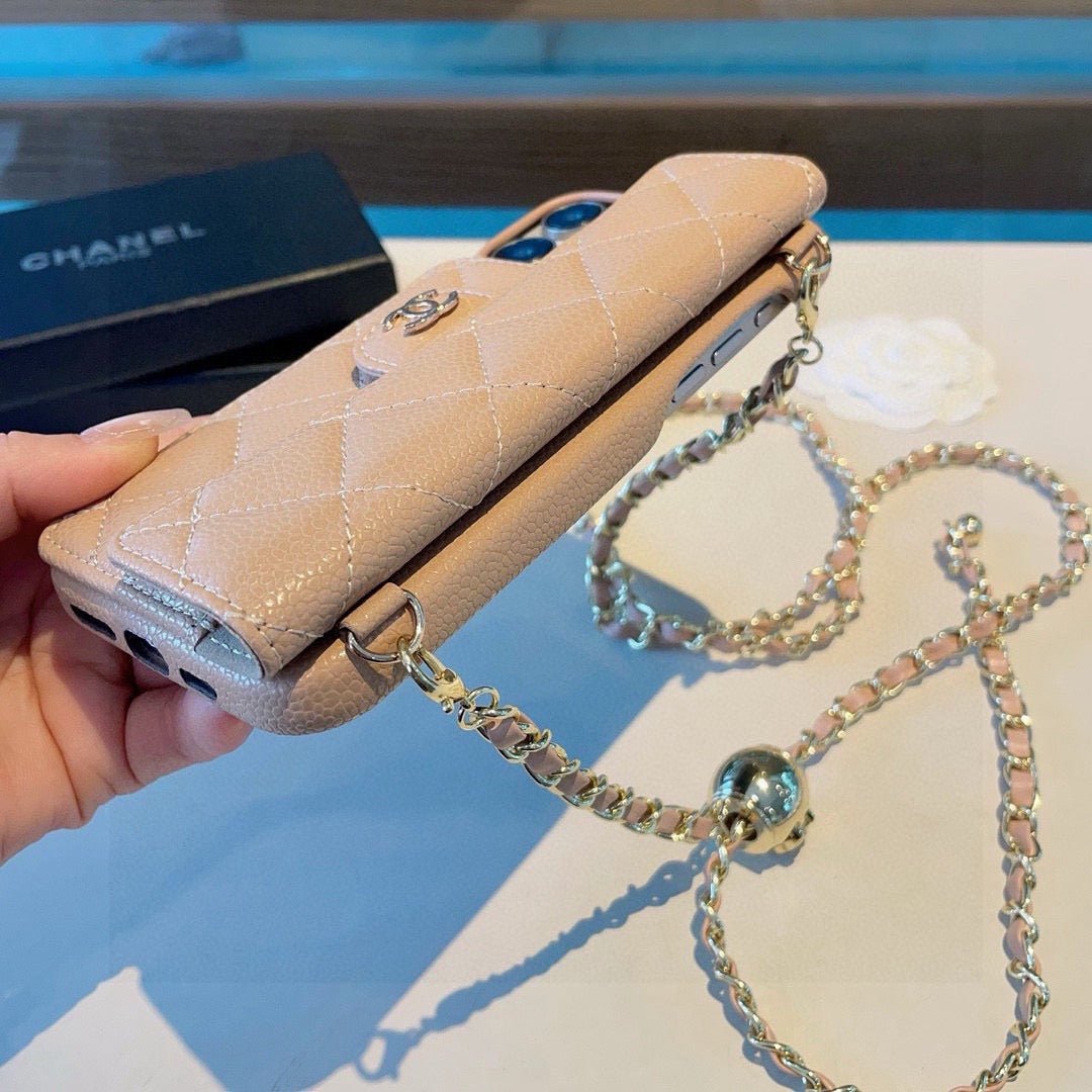 Chanel Style Quilted Leather Flip Card Holder Phone Case With Gold Chain Crossbody Strap - The Luxe Case