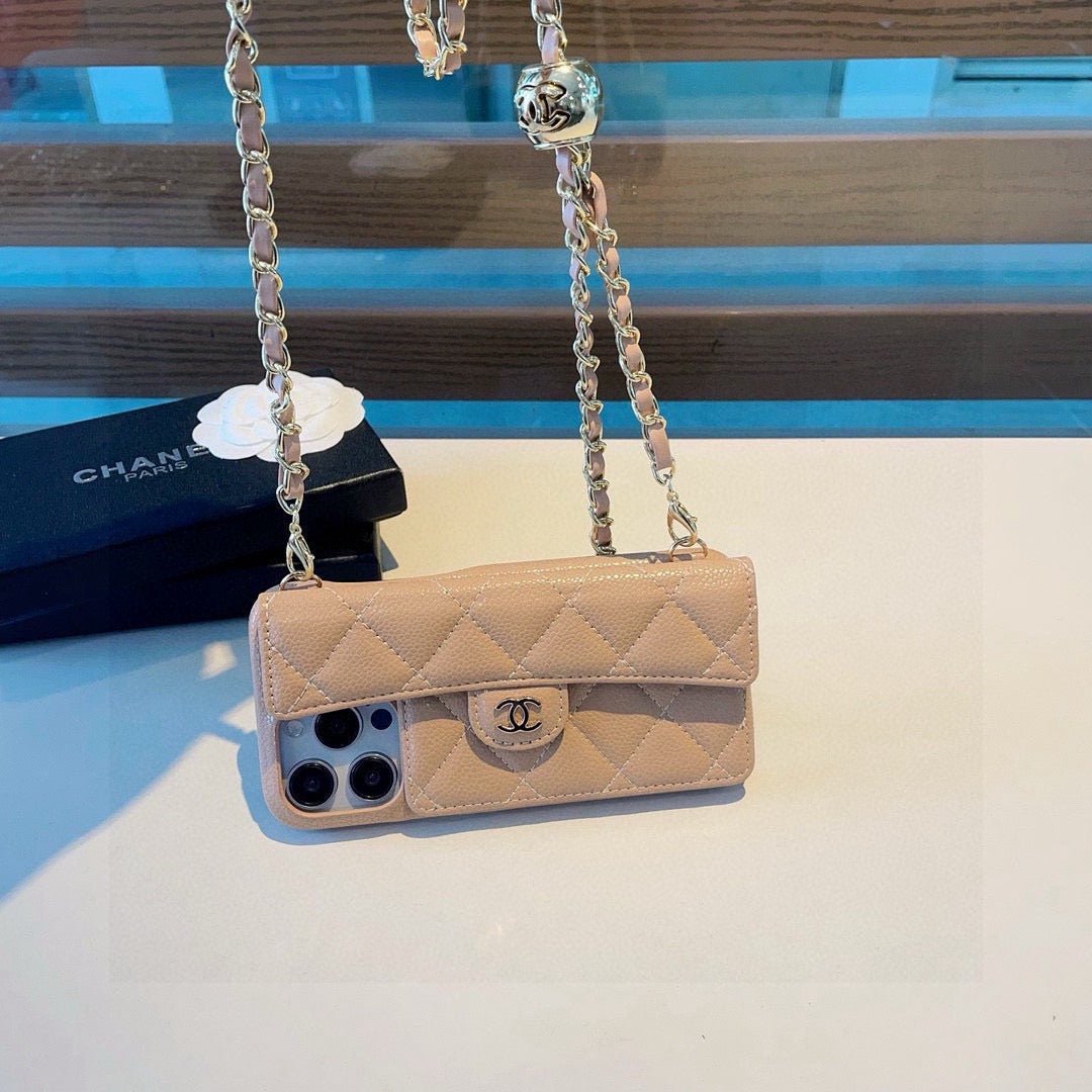 Chanel Style Quilted Leather Flip Card Holder Phone Case With Gold Chain Crossbody Strap - The Luxe Case