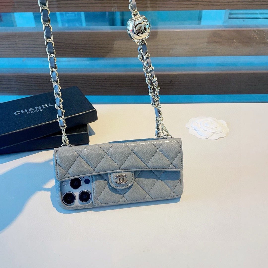 Chanel Style Quilted Leather Flip Card Holder Phone Case With Gold Chain Crossbody Strap - The Luxe Case