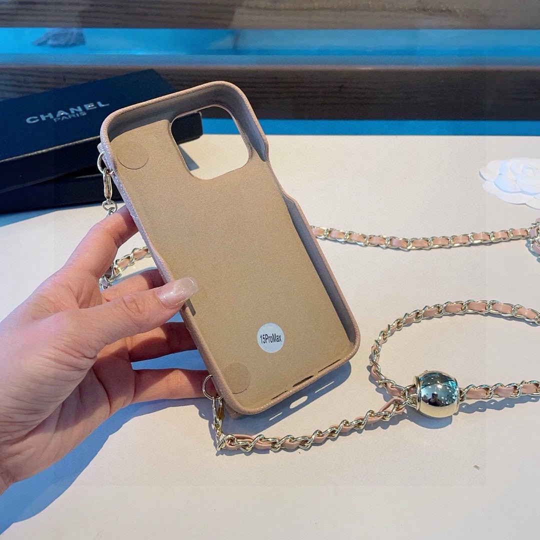 Chanel Style Quilted Leather Flip Card Holder Phone Case With Gold Chain Crossbody Strap - The Luxe Case