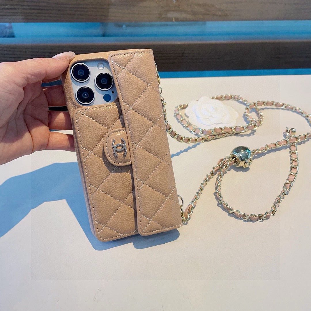 Chanel Style Quilted Leather Flip Card Holder Phone Case With Gold Chain Crossbody Strap - The Luxe Case