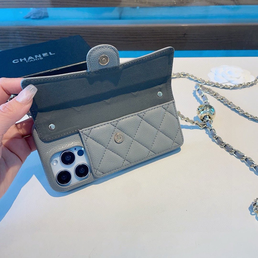 Chanel Style Quilted Leather Flip Card Holder Phone Case With Gold Chain Crossbody Strap - The Luxe Case