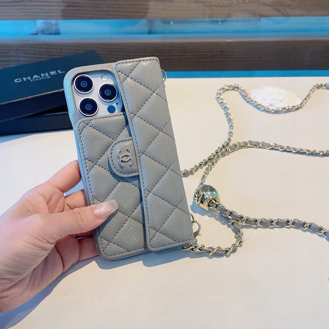 Chanel Style Quilted Leather Flip Card Holder Phone Case With Gold Chain Crossbody Strap - The Luxe Case