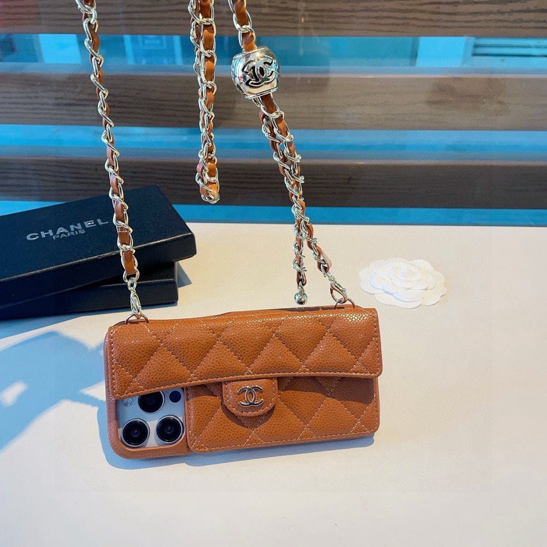 Chanel Style Quilted Leather Flip Card Holder Phone Case With Gold Chain Crossbody Strap - The Luxe Case