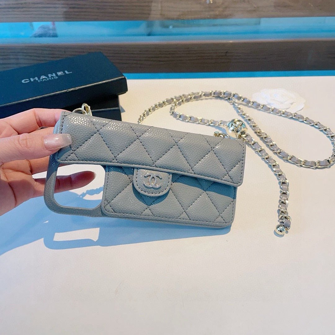 Chanel Style Quilted Leather Flip Card Holder Phone Case With Gold Chain Crossbody Strap - The Luxe Case