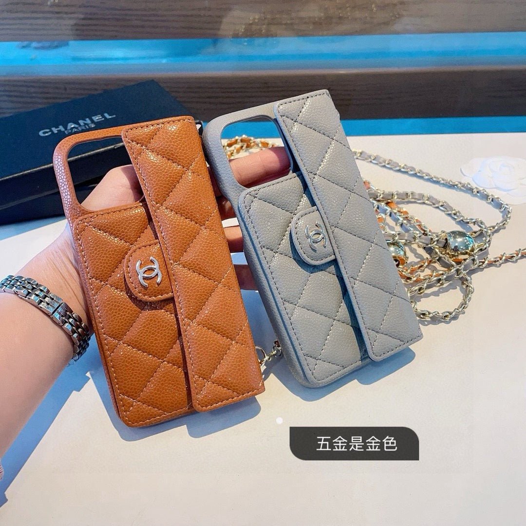 Chanel Style Quilted Leather Flip Card Holder Phone Case With Gold Chain Crossbody Strap - The Luxe Case