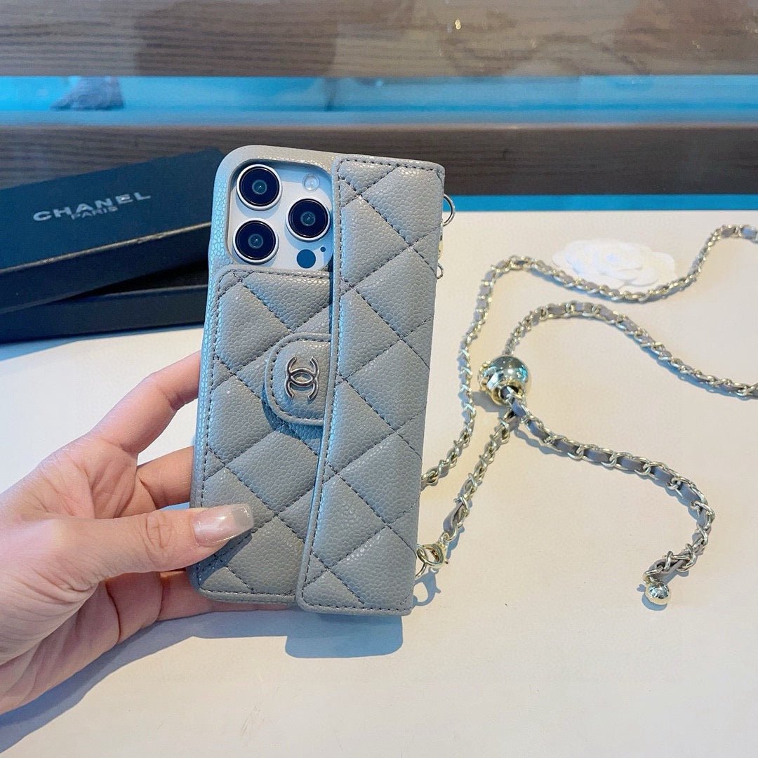 Chanel Style Quilted Leather Flip Card Holder Phone Case With Gold Chain Crossbody Strap - The Luxe Case