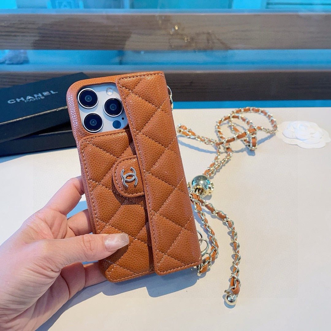 Chanel Style Quilted Leather Flip Card Holder Phone Case With Gold Chain Crossbody Strap - The Luxe Case