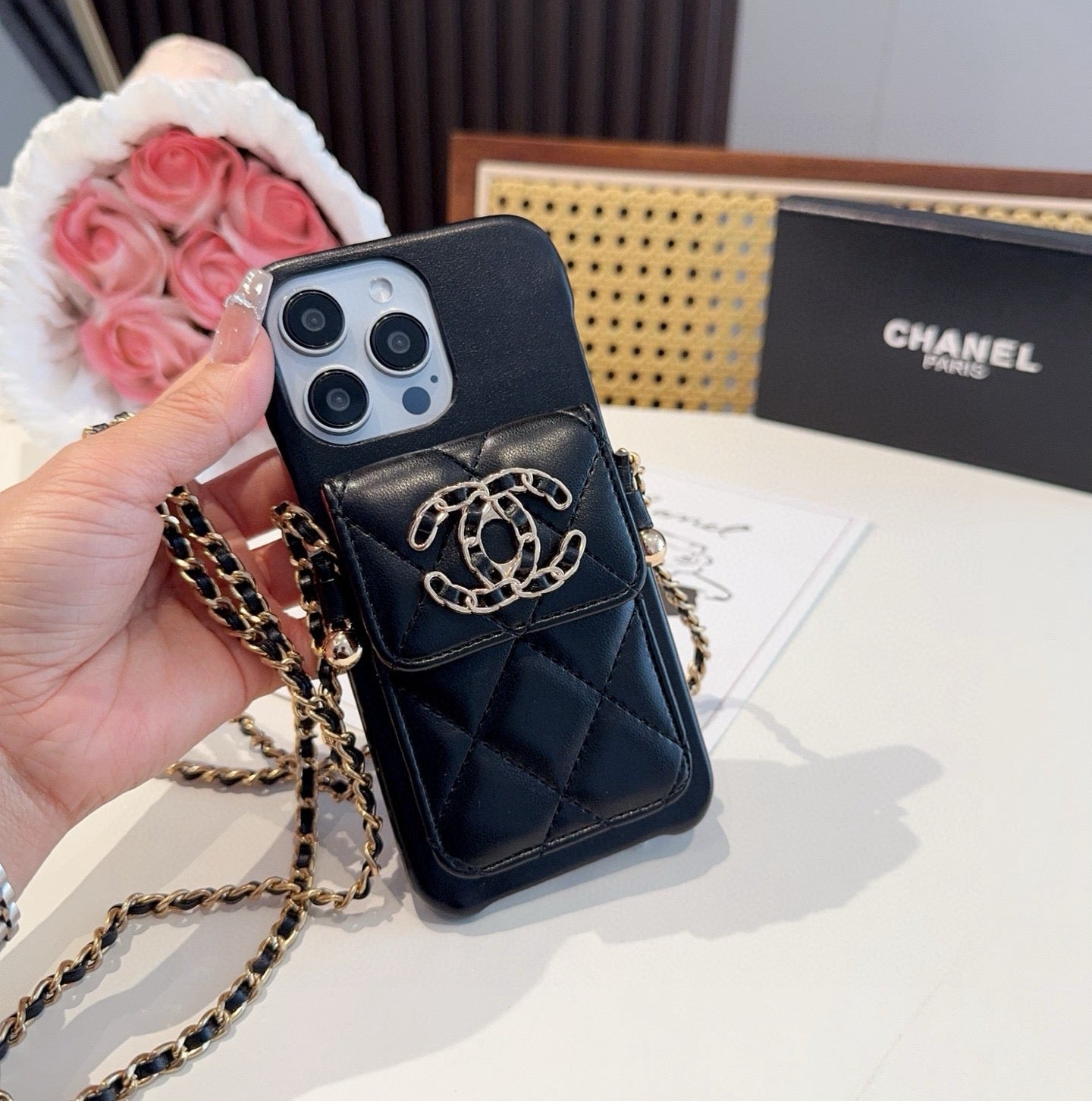 Chanel Style Quilted Leather Phone Case with Crossbody Chain & Card Pocket - The Luxe Case