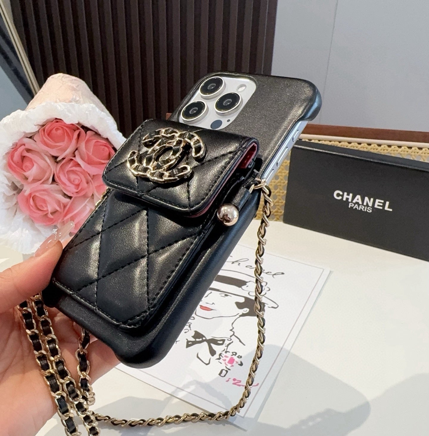 Chanel Style Quilted Leather Phone Case with Crossbody Chain & Card Pocket - The Luxe Case