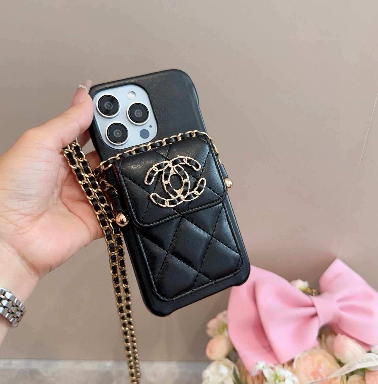 Chanel Style Quilted Leather Phone Case with Crossbody Chain & Card Pocket - The Luxe Case