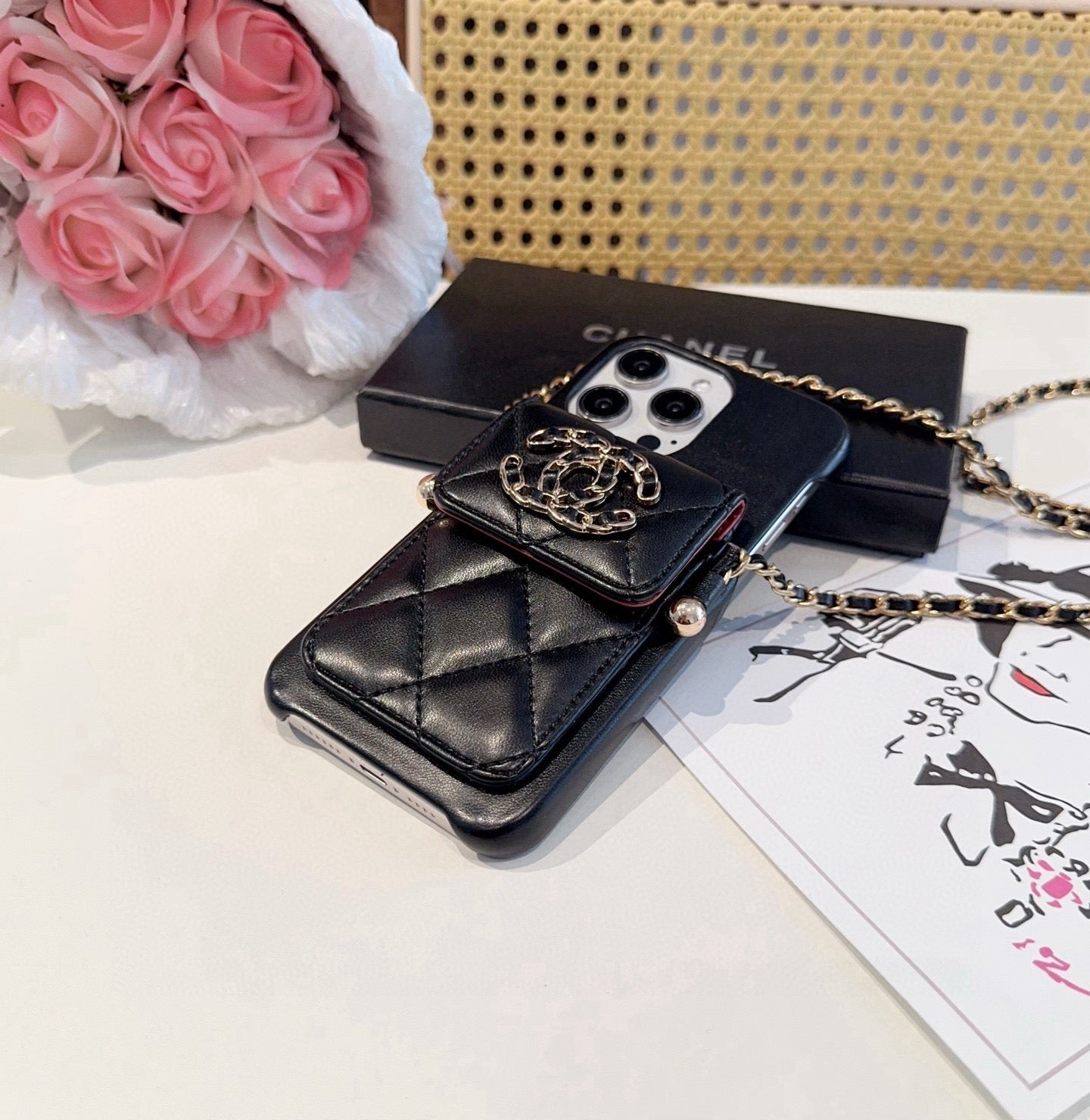 Chanel Style Quilted Leather Phone Case with Crossbody Chain & Card Pocket - The Luxe Case