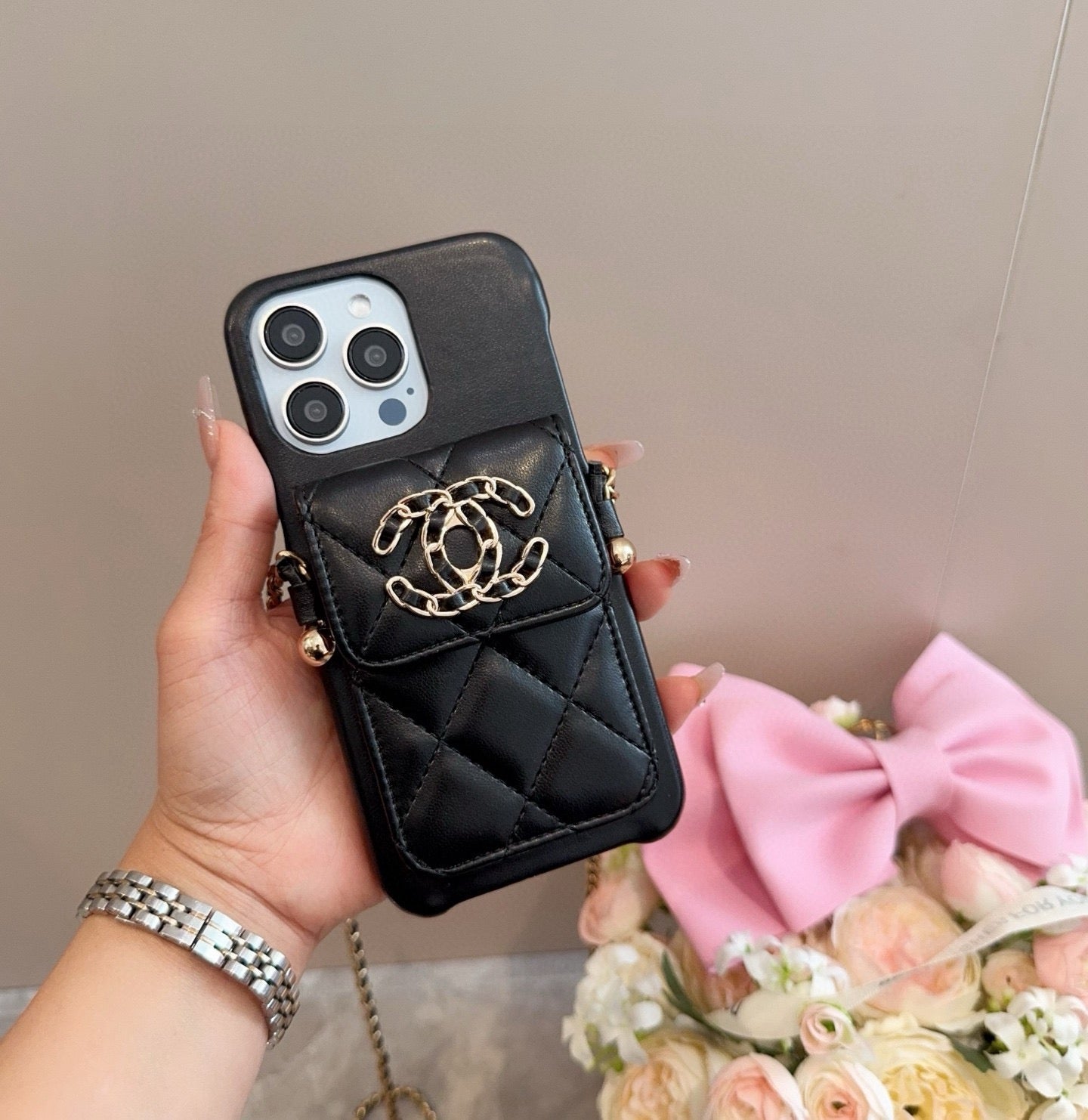 Chanel Style Quilted Leather Phone Case with Crossbody Chain & Card Pocket - The Luxe Case