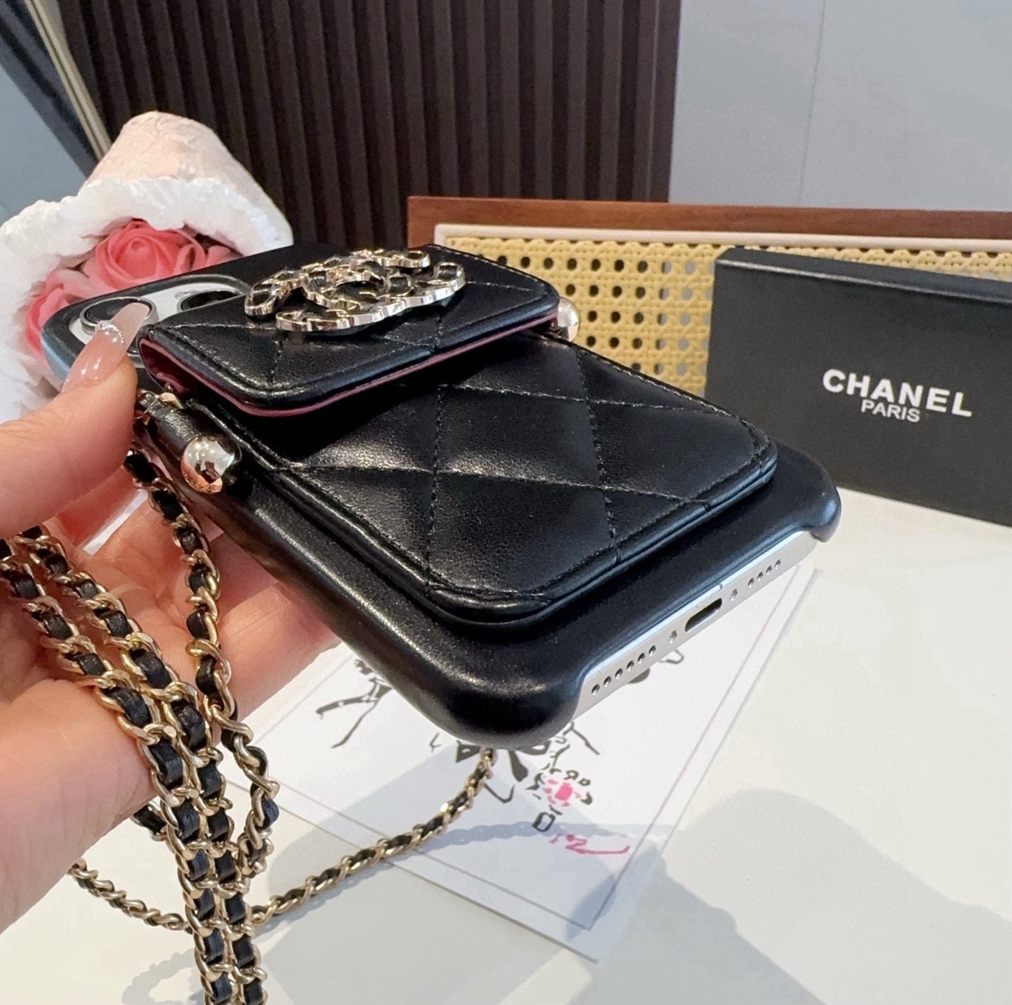 Chanel Style Quilted Leather Phone Case with Crossbody Chain & Card Pocket - The Luxe Case