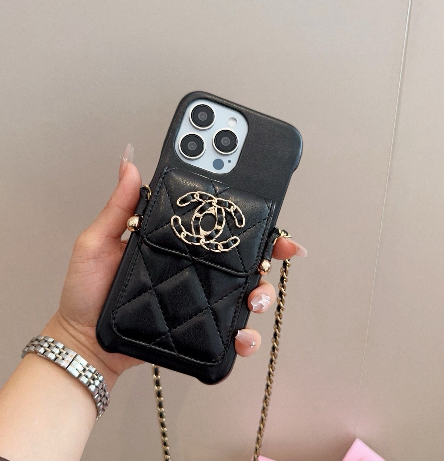 Chanel Style Quilted Leather Phone Case with Crossbody Chain & Card Pocket - The Luxe Case