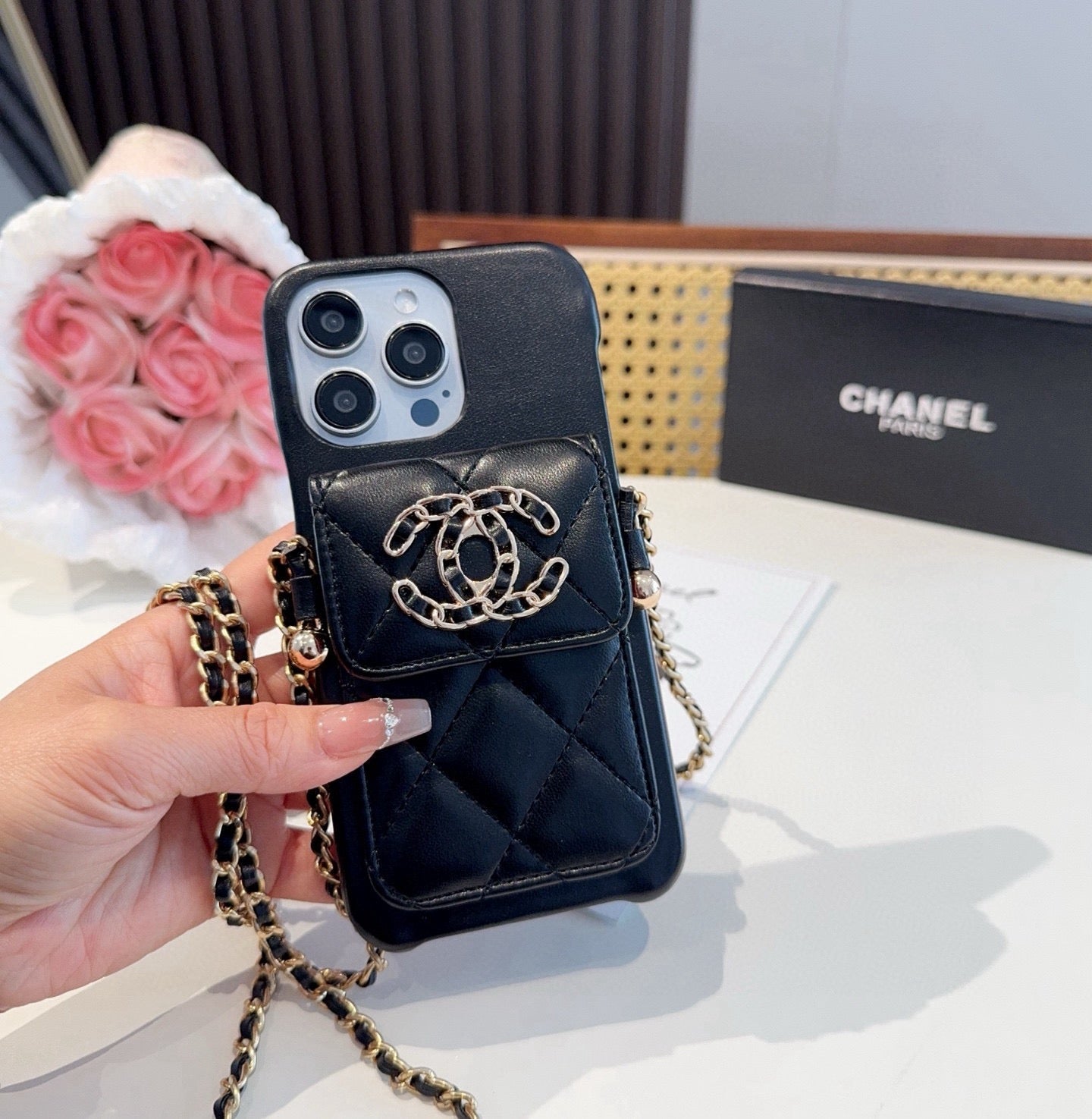 Chanel Style Quilted Leather Phone Case with Crossbody Chain & Card Pocket - The Luxe Case