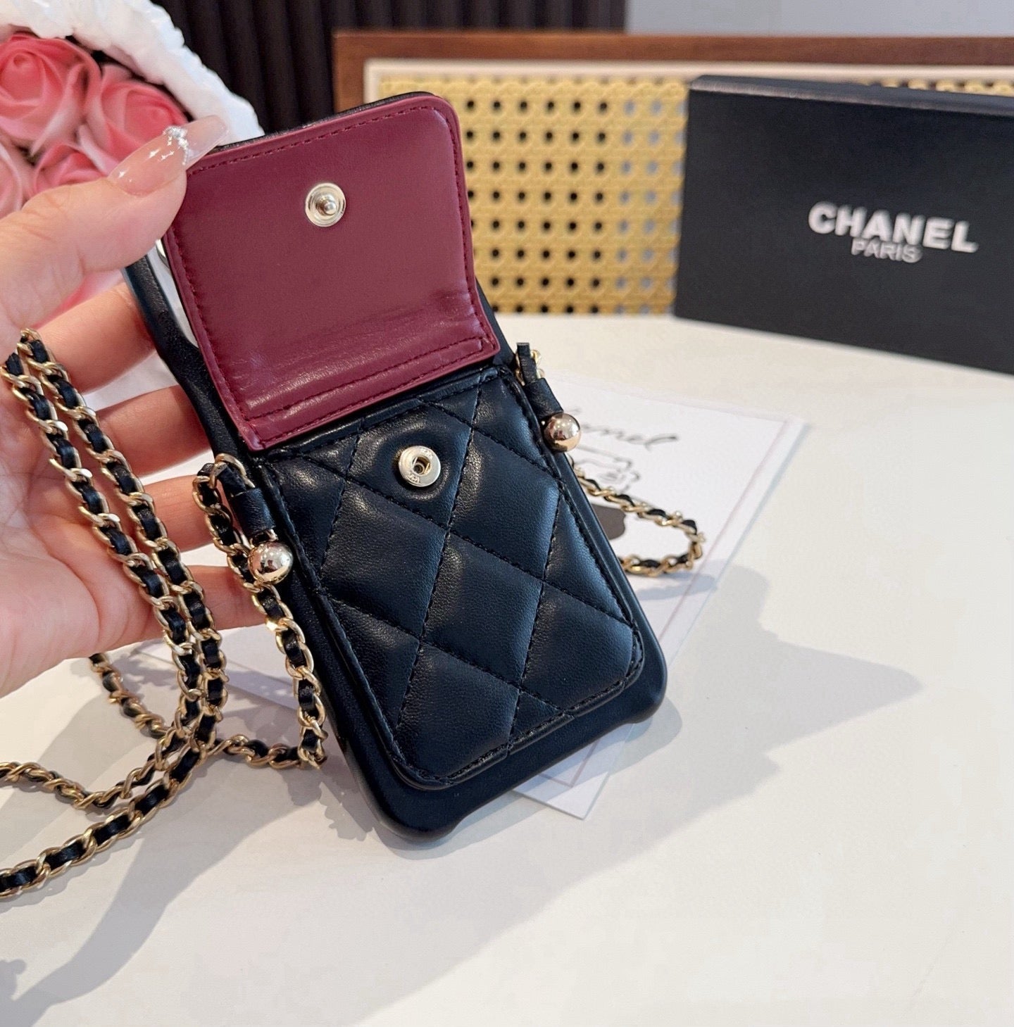 Chanel Style Quilted Leather Phone Case with Crossbody Chain & Card Pocket - The Luxe Case