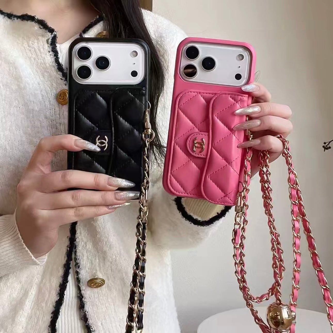 Chanel Style Quilted Wallet Phone Case With Adjustable Chain Crossbody Strap - The Luxe Case