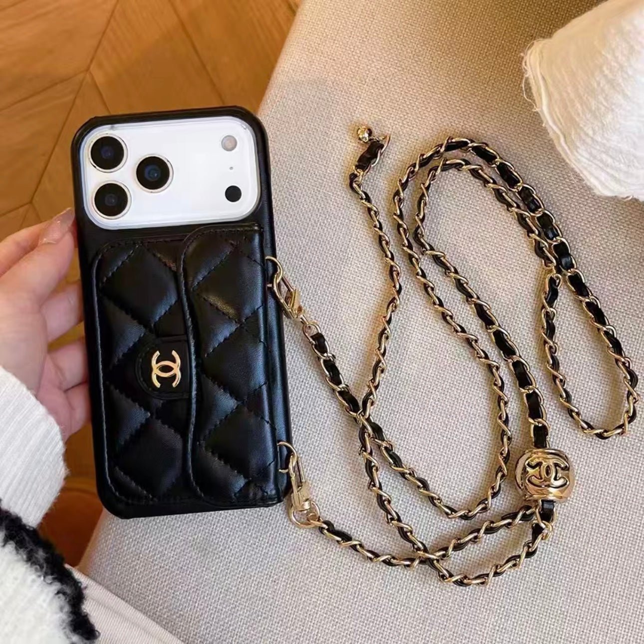 Chanel Style Quilted Wallet Phone Case With Adjustable Chain Crossbody Strap - The Luxe Case