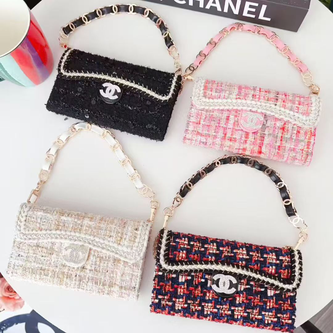 Chanel-Style Tweed Crossbody Phone Case Bag with Chain Strap - The Luxe Case
