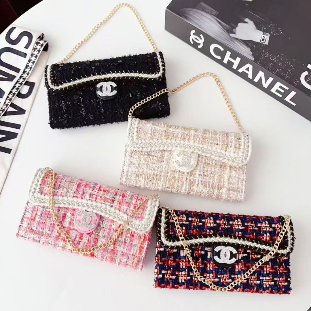 Chanel-Style Tweed Crossbody Phone Case Bag with Chain Strap - The Luxe Case