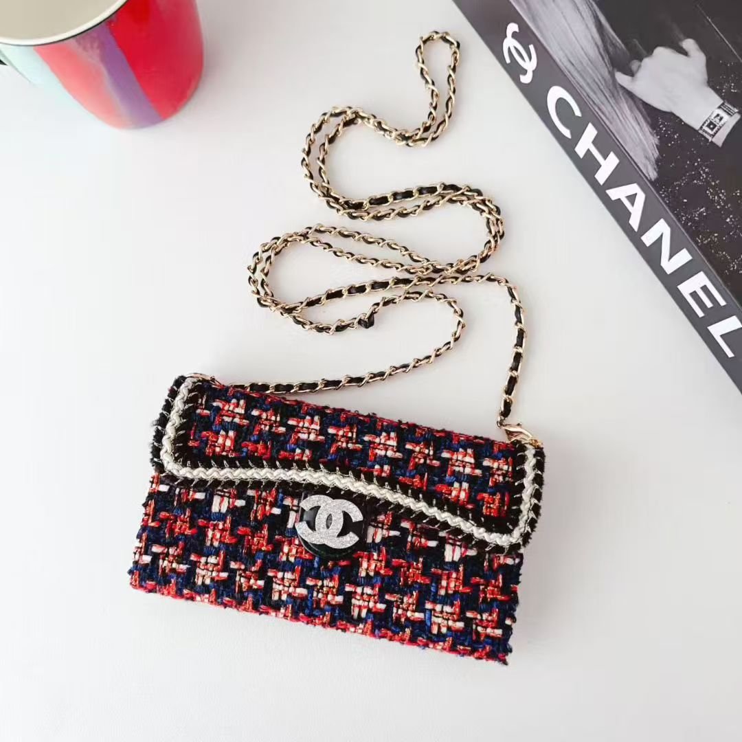 Chanel-Style Tweed Crossbody Phone Case Bag with Chain Strap - The Luxe Case
