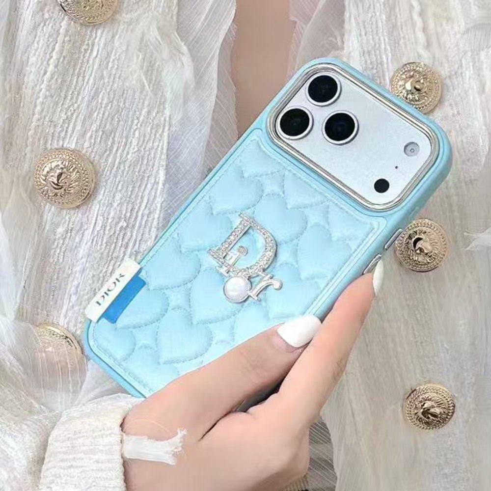 Dior Heart Quilted Leather Rhinestone Logo Luxury Electroplated Frame Phone Case - The Luxe Case