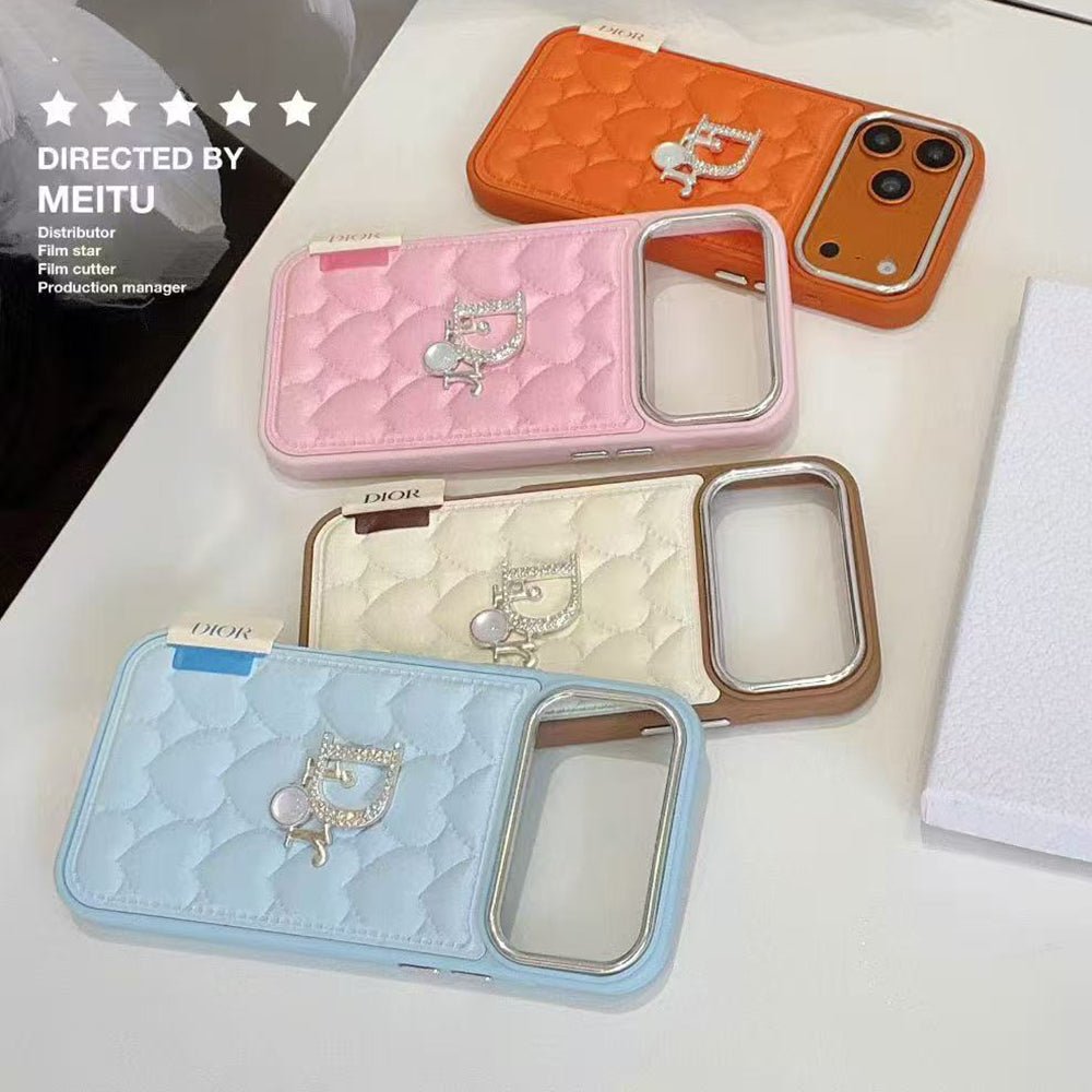Dior Heart Quilted Leather Rhinestone Logo Luxury Electroplated Frame Phone Case - The Luxe Case