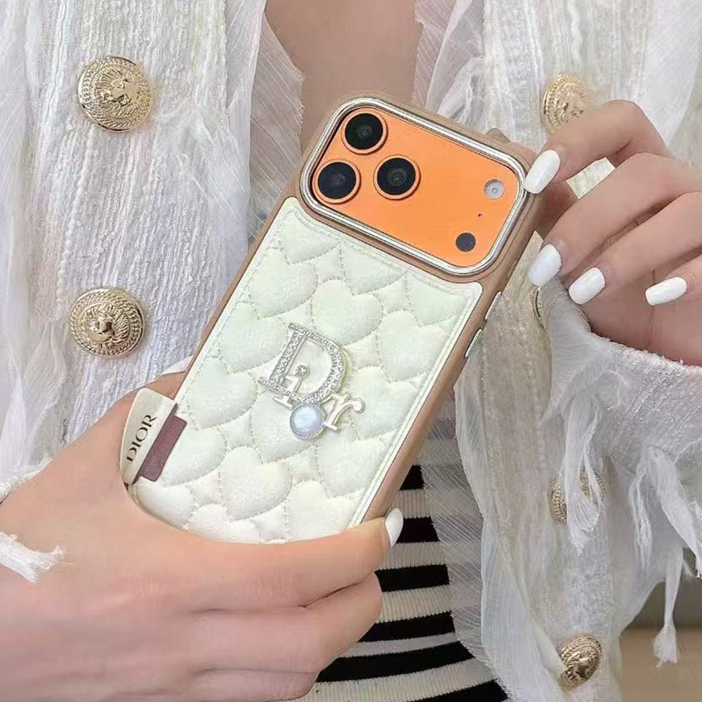 Dior Heart Quilted Leather Rhinestone Logo Luxury Electroplated Frame Phone Case - The Luxe Case