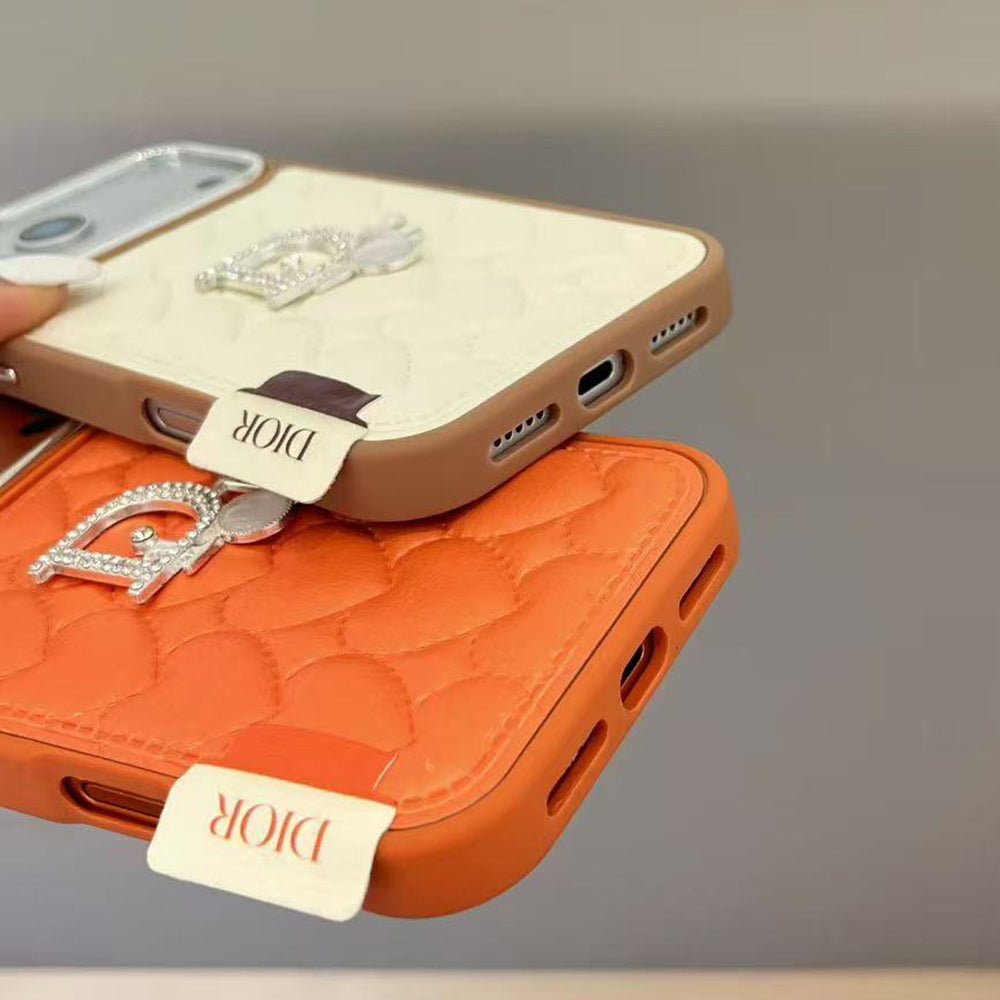 Dior Heart Quilted Leather Rhinestone Logo Luxury Electroplated Frame Phone Case - The Luxe Case