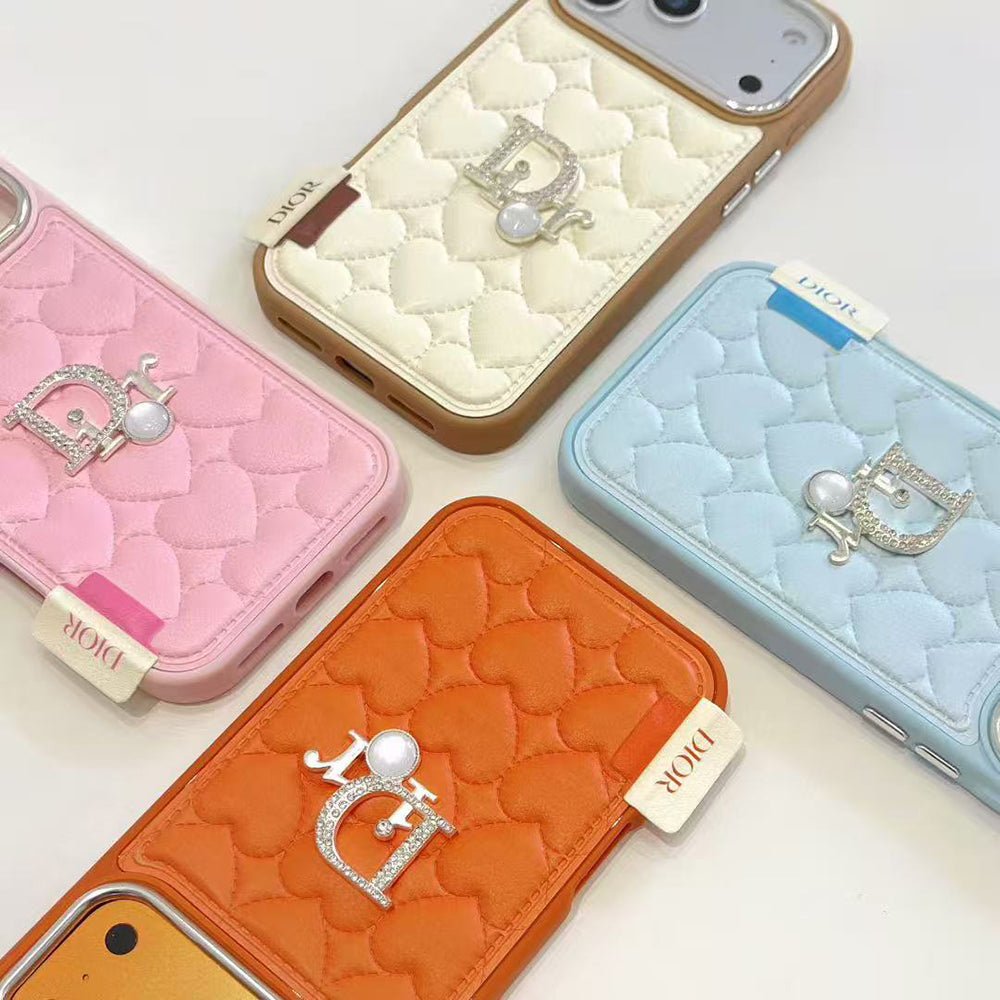 Dior Heart Quilted Leather Rhinestone Logo Luxury Electroplated Frame Phone Case - The Luxe Case