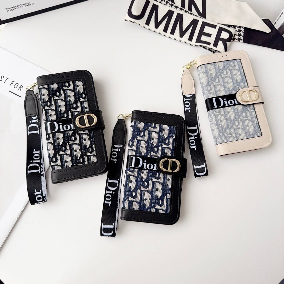 Dior Oblique Monogram Flip Wallet Phone Case With Brand Wrist Strap - The Luxe Case