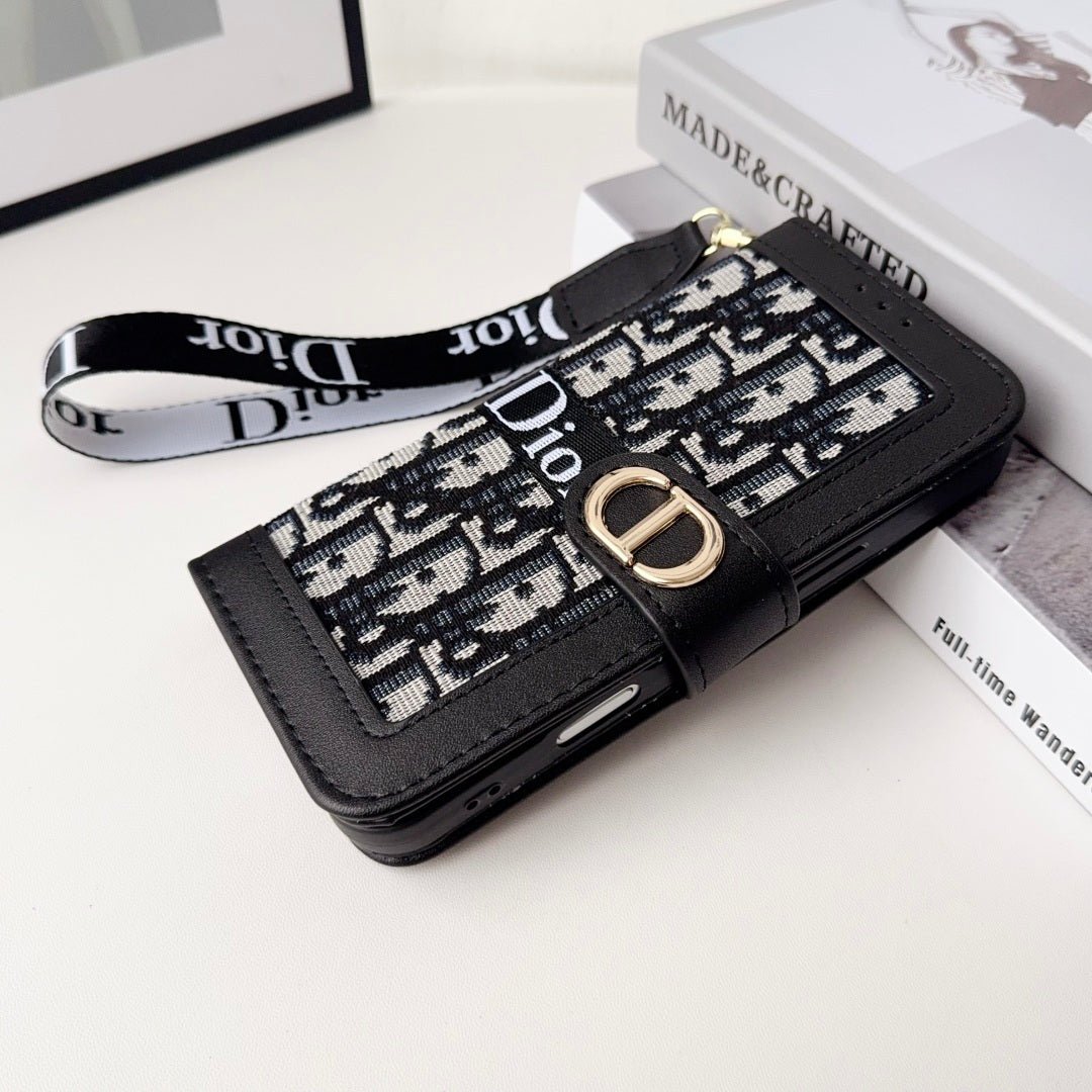 Dior Oblique Monogram Flip Wallet Phone Case With Brand Wrist Strap - The Luxe Case