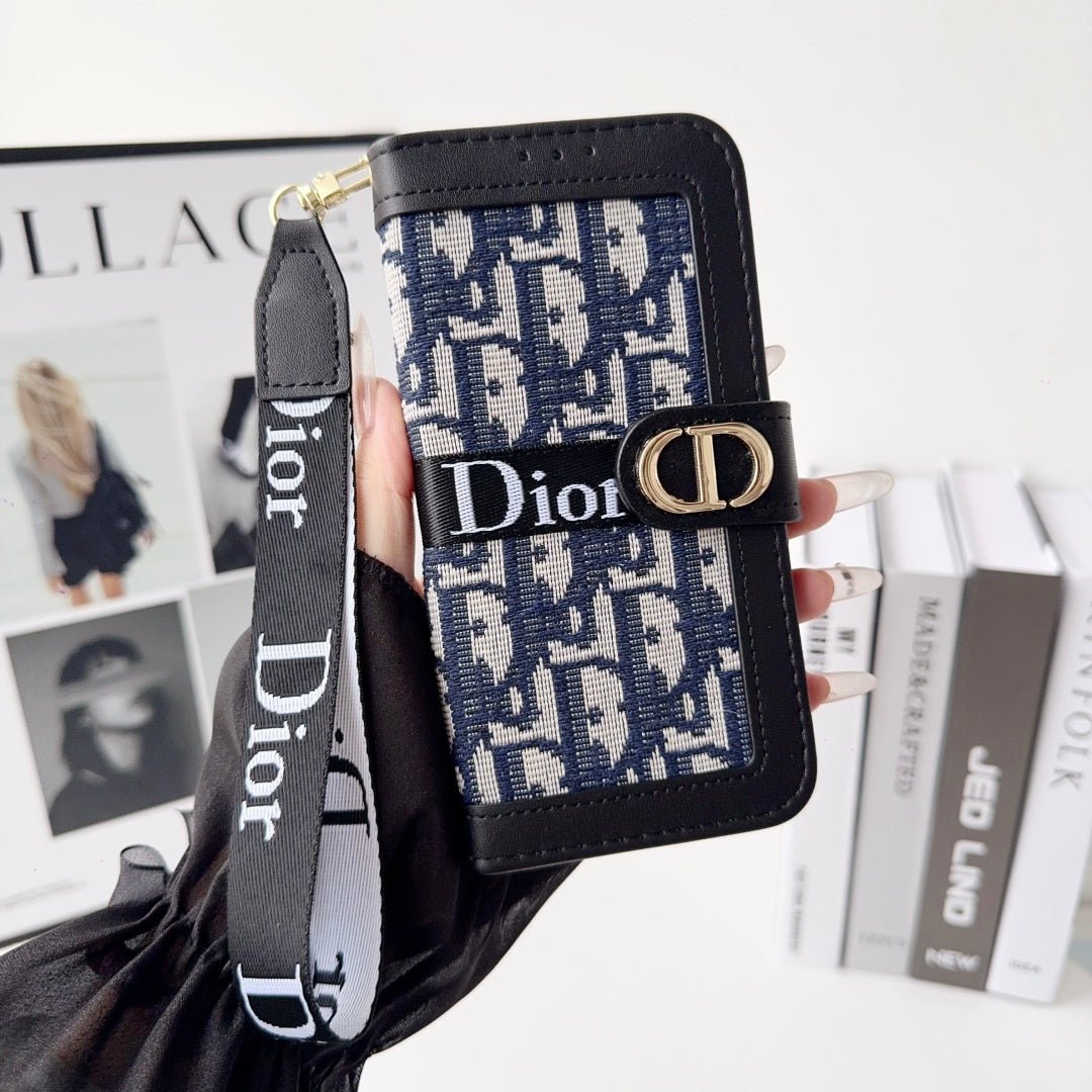 Dior Oblique Monogram Flip Wallet Phone Case With Brand Wrist Strap - The Luxe Case