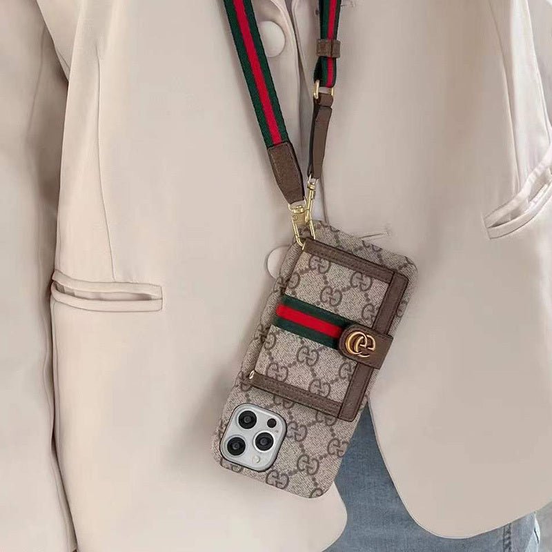 GG iPhone Case With Wallet And Crossbody Strap Brown - The Luxe Case