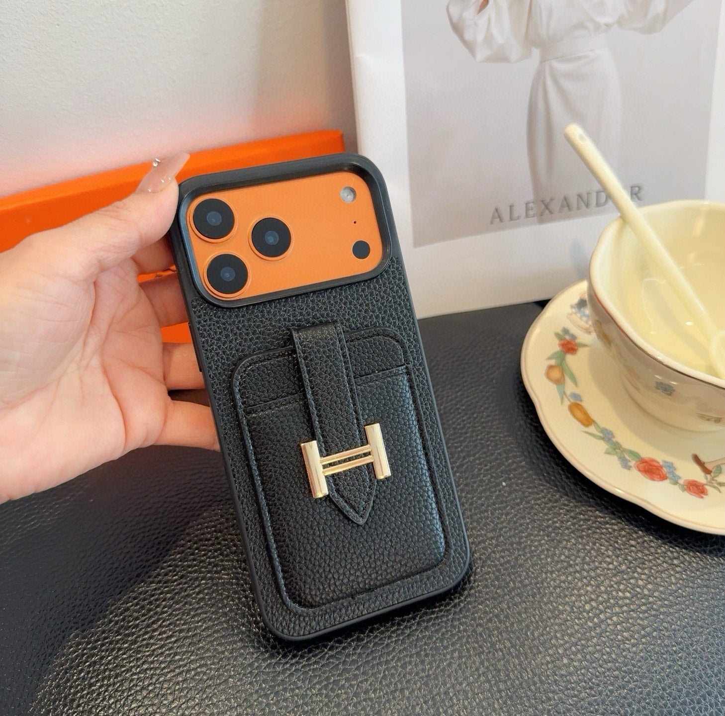 Hermès-Style Leather Card Holder Phone Case with H Buckle & Shockproof Bumper - The Luxe Case